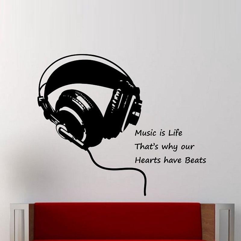 Music Wall Decal Headphones Music Is Life Wall Sticker Quote Home Decor Bedroom Design Art Murals 70x58cm