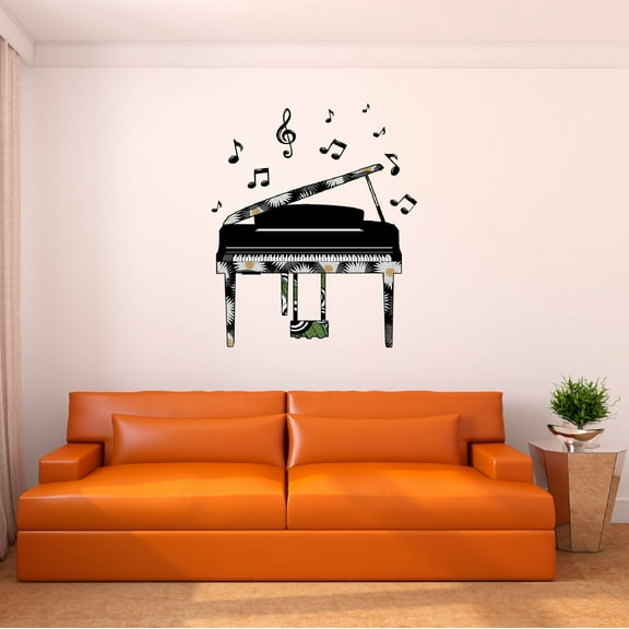 Music Wall Decal Piano with Floral Pattern and Music Notes Playroom Wall Decal for Children Instrument Cute Themed Room Decal - Size: 8 In x 10 In