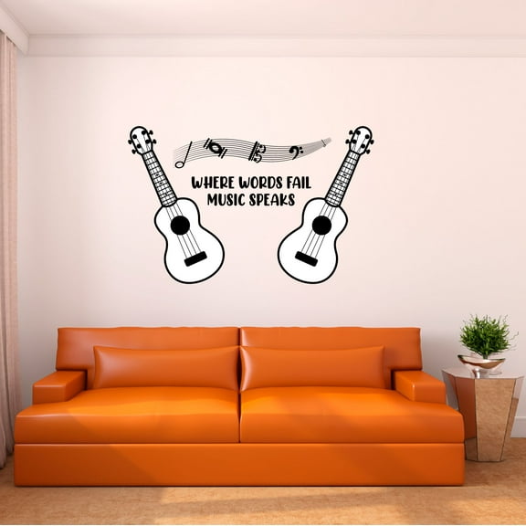 Music Wall Decal Two Acoustic Guitars Silhouette with Musical Notes Bedroom Wall Decal for Boys Instrument Cute Themed Room Décor - Size: 20 In x 12 In