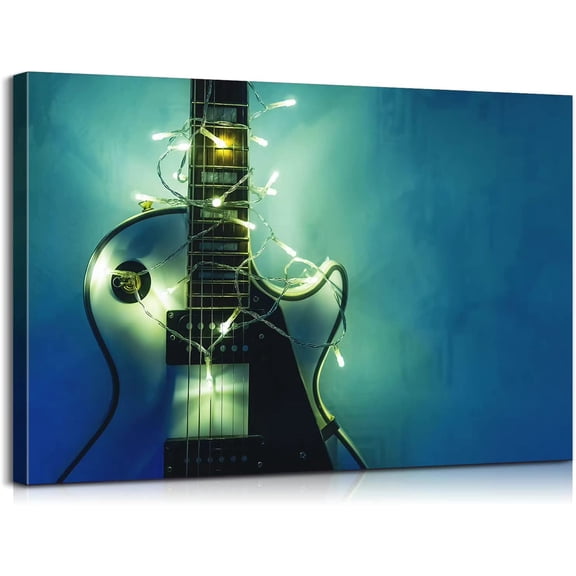 Music Wall Decor Electric Guitar with Blue LED Fairy Lights Wall Art Music Art Electric Guitar Canvas Art Vintage Kitchen Decor Music Posters for Classroom Ready to Hang 12x18