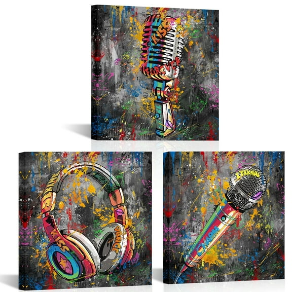 Music Wall Decor Microphone Headphones Street Art Graffiti Paintings Music Canvas Framed Wall Art For Music Room Posters (Black)