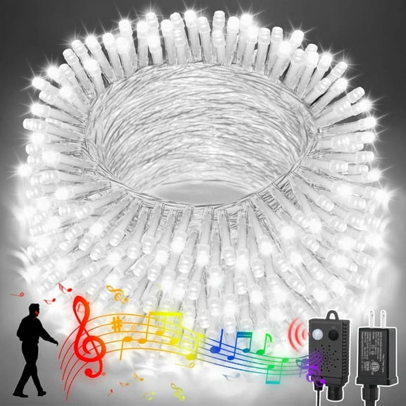 Music White St ring Lights with Music Motion Sensor Controller,100 LED Christmas Decoration Light, Flashing Waterproof for Indoor Outdoor Christmas Tree Party Yard