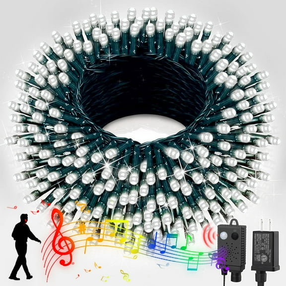 Music White String Lights with Music Motion Sensor Controller,100 LED Christmas Decoration Light, Flashing Waterproof for Indoor Outdoor Christmas Tree Party Yard