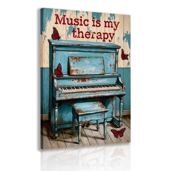 "Music is my way of healing" Vintage piano canvas and wood frame wall art, blue piano print, suitable for music studios and home décor.