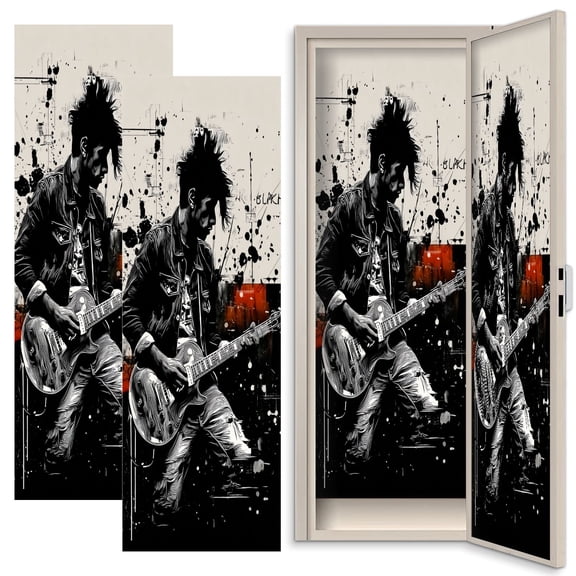 Musical 2 Pcs School Locker Magnetic Wallpaper for Music Classroom 12" x 36" Black White Punk Guitarist Abstract Splatter Reusable Removable Locker Accessories Back to School Supplies
