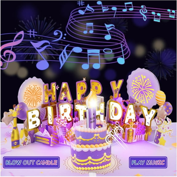 Musical 3D Pop Up Birthday Cards: Blowable Light Candle Cake Music Happy Birthday Card, DIY 1-99 Age Premium Birthday Greeting Card Gift for Women, Men, Dad, Mom