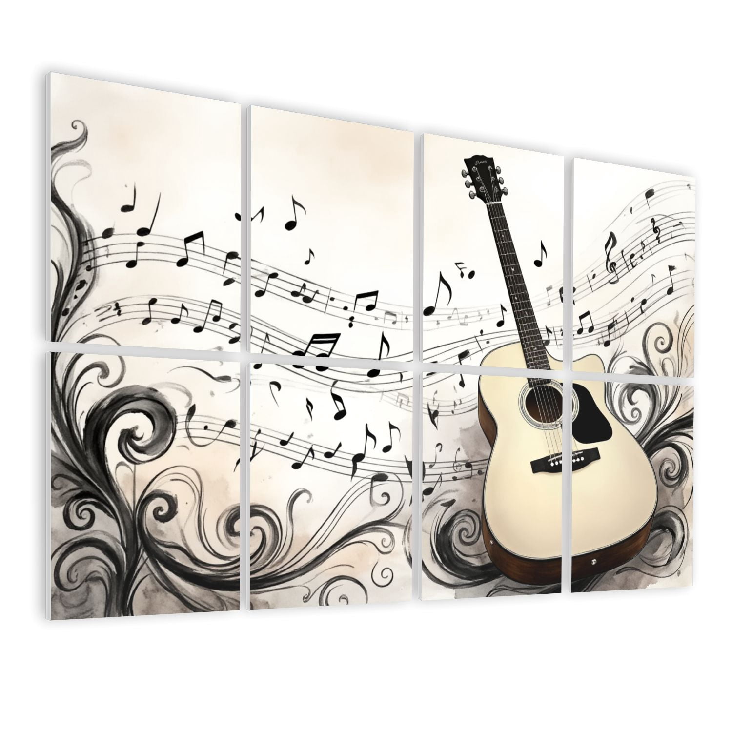 Musical 8 Pack Art Acoustic Panels Sound Absorbing Acoustic Guitar Flowing Musical Notes Abstract Swirls Decorative Soundproof Wall Panels Self Adhesive for Nursery Game Room Music Classroom 48"x32"