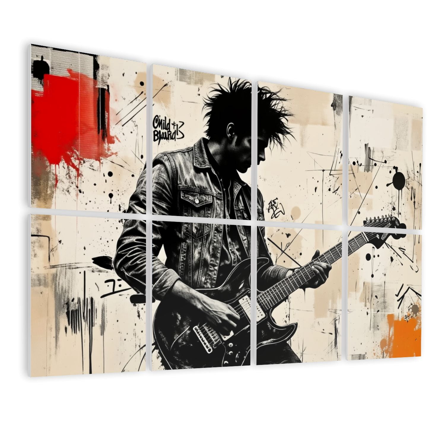 Musical 8 Pack Art Acoustic Panels Sound Absorbing Black White Punk Guitarist Abstract Splatter Decorative Soundproof Wall Panels Self Adhesive for Nursery Game Room Music Classroom 48"x32"