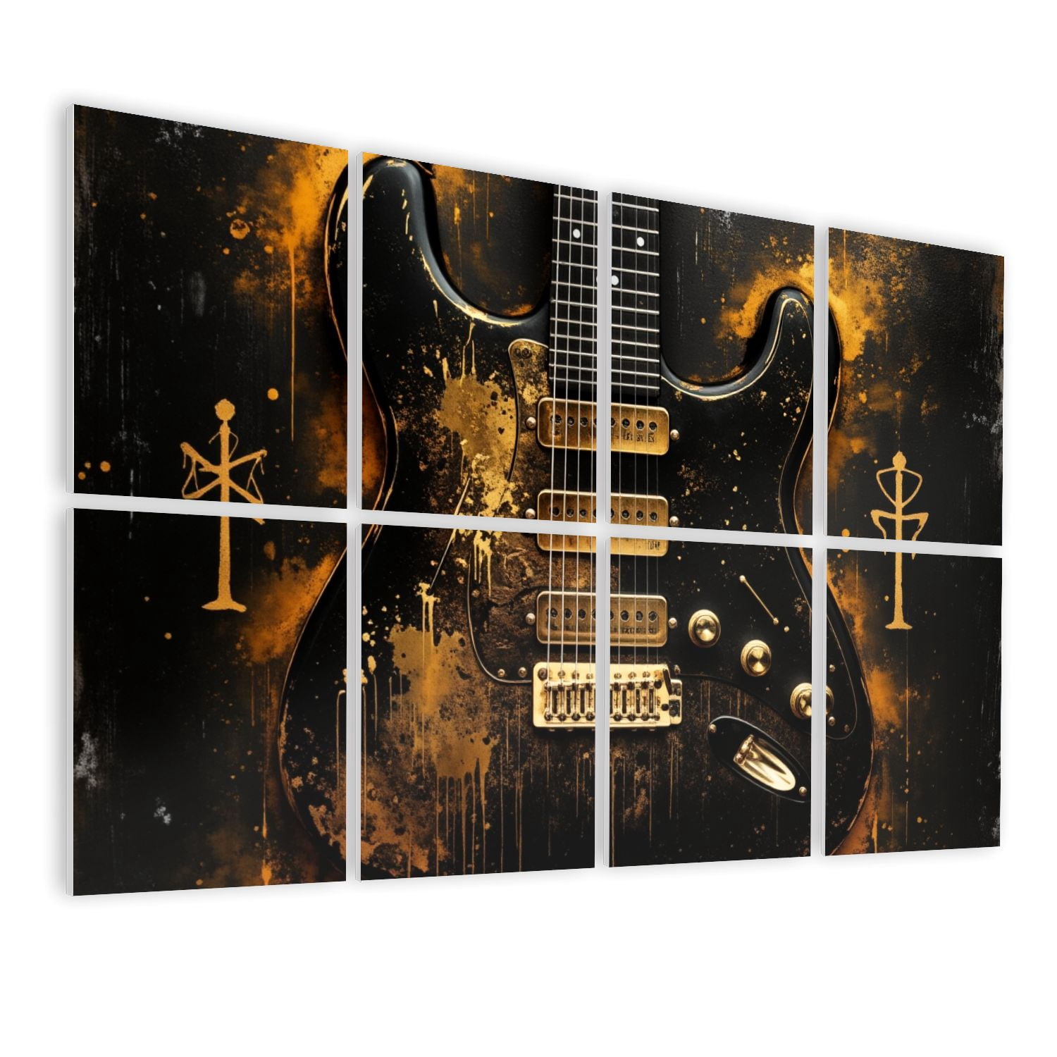 Musical 8 Pack Art Acoustic Panels Sound Absorbing Gold Splattered Black Electric Guitar Symbolic Markings Decorative Soundproof Wall Panels Self Adhesive for Game Room Music Classroom 48"x32"