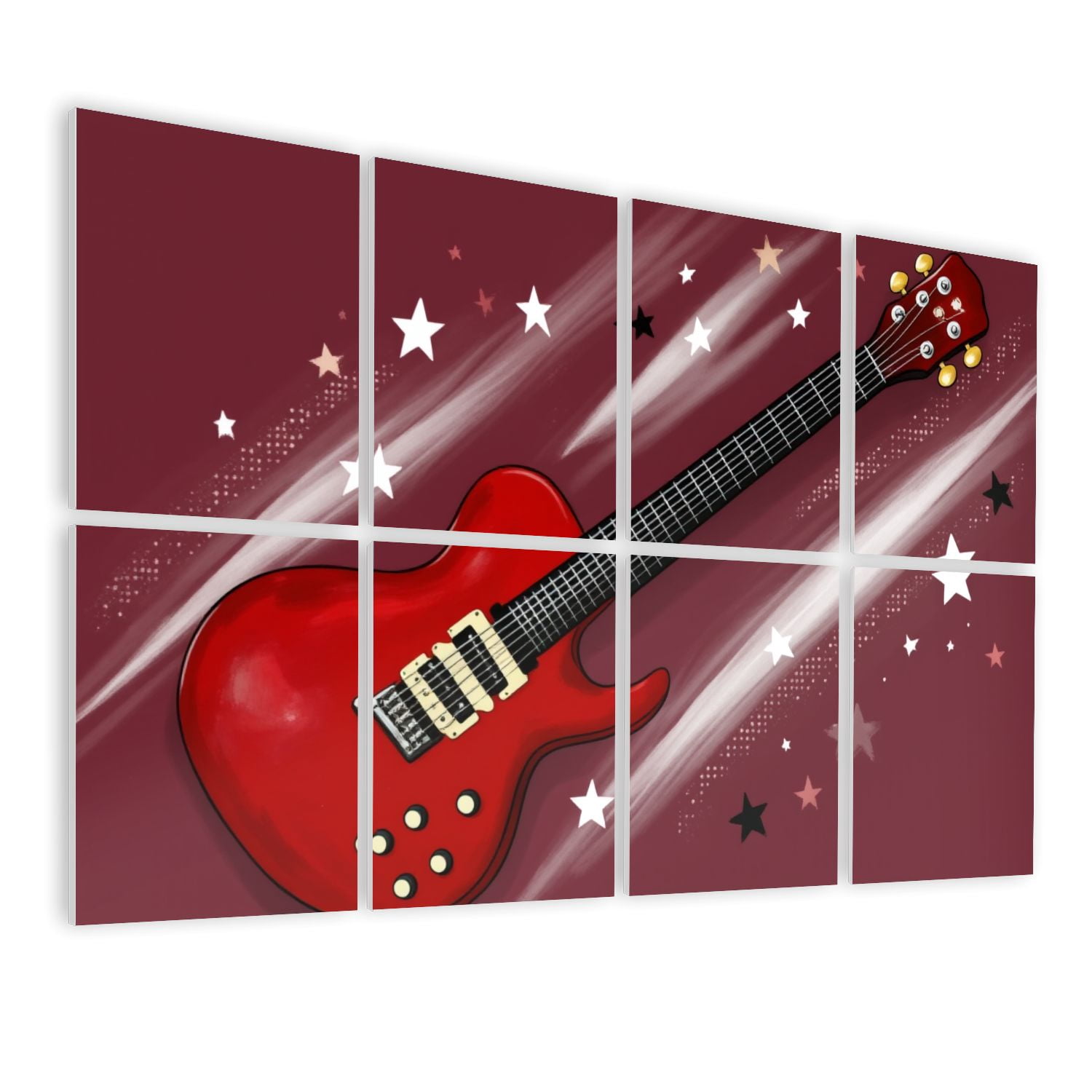 Musical 8 Pack Art Acoustic Panels Sound Absorbing Red Electric Guitar Stars Dynamic Light Streaks Decorative Soundproof Wall Panels Self Adhesive for Nursery Game Room Music Classroom 48"x32"