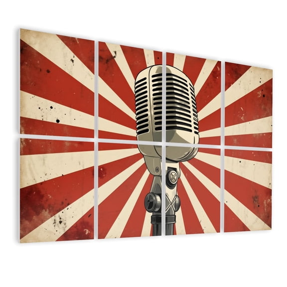Musical 8 Pack Art Acoustic Panels Sound Absorbing Retro Vintage Microphone Red White Sunburst Decorative Soundproof Wall Panels Self Adhesive for Nursery Game Room Music Classroom 48"x32"