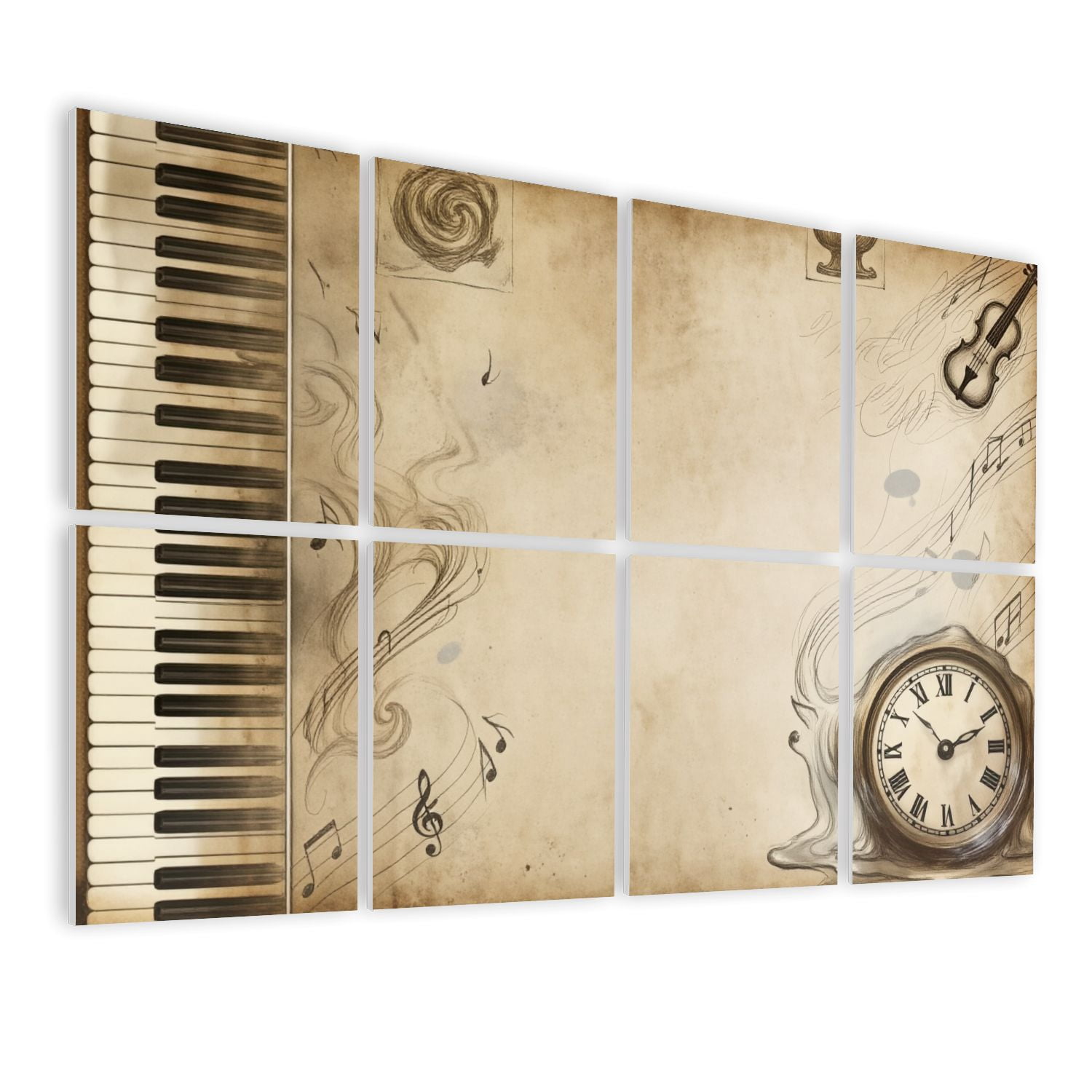 Musical 8 Pack Art Acoustic Panels Sound Absorbing Vintage Musical Piano Keys Violin Sheet Music Clock Sepia Decorative Soundproof Wall Panels Self Adhesive for Game Room Music Classroom 48"x32"