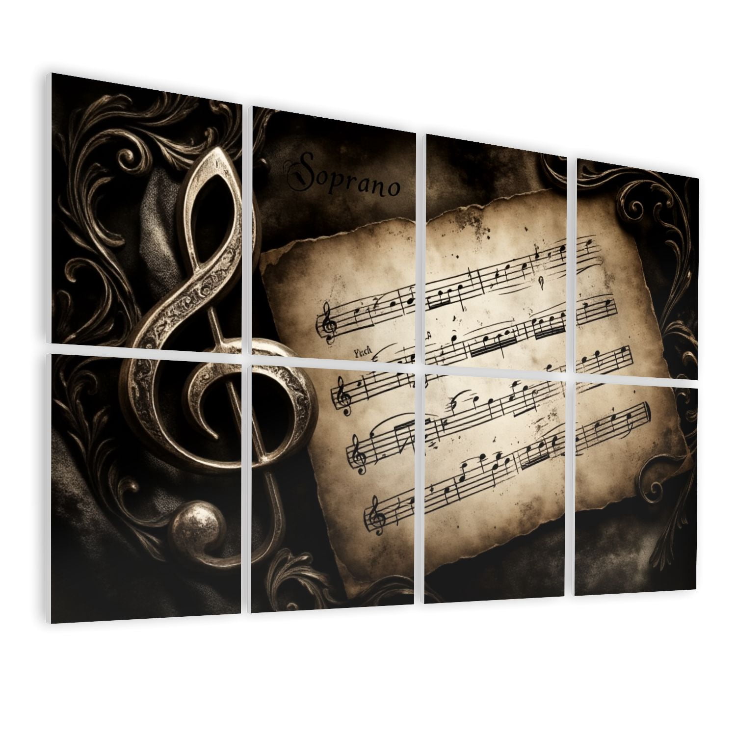Musical 8 Pack Art Acoustic Panels Sound Absorbing Vintage Sheet Music Clef Ornate Frame Decorative Soundproof Wall Panels Self Adhesive for Nursery Game Room Music Classroom 48"x32"