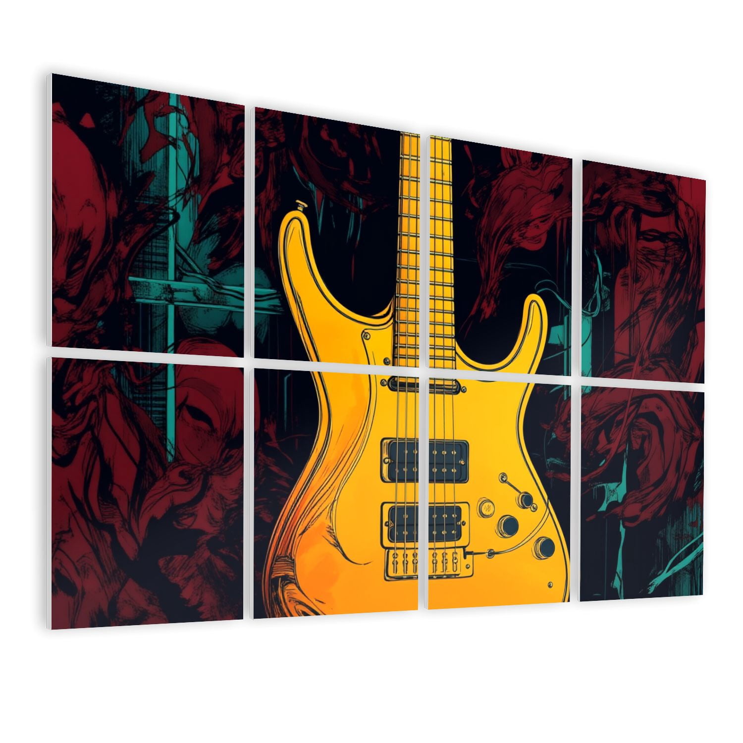 Musical 8 Pack Art Acoustic Panels Sound Absorbing Yellow Electric Guitar Abstract Dark Red Decorative Soundproof Wall Panels Self Adhesive for Nursery Game Room Music Classroom 48"x32"