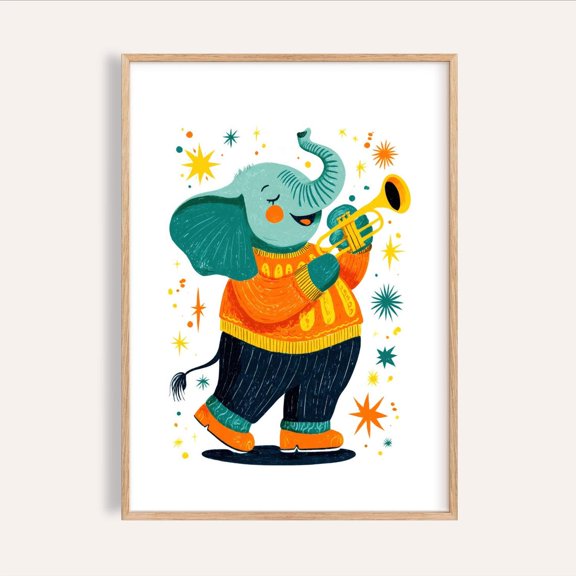 Musical Animal Wall Art Fun Elephant Design For Child’S Room Unframed Paper Poster 24x36in