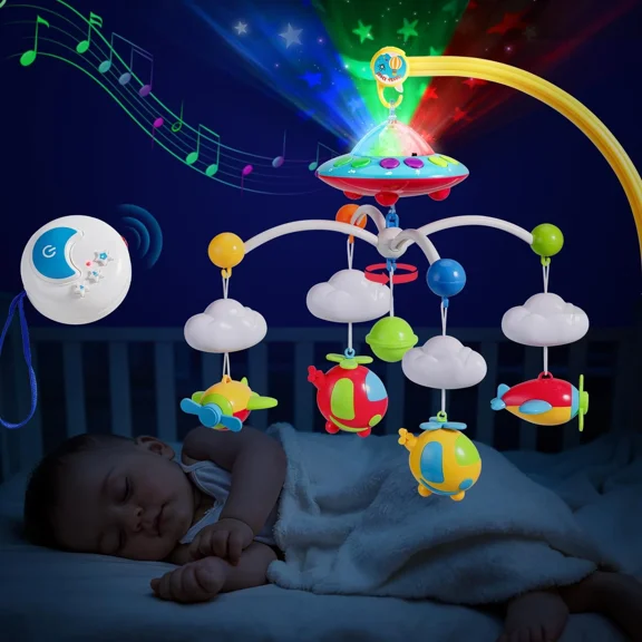 Musical Baby Crib Mobile Toy with Lights and Music, 108 Melodies Star Projector Function and Airplane Pendant Cartoon Rattles for Newborn Babies Boys Girls