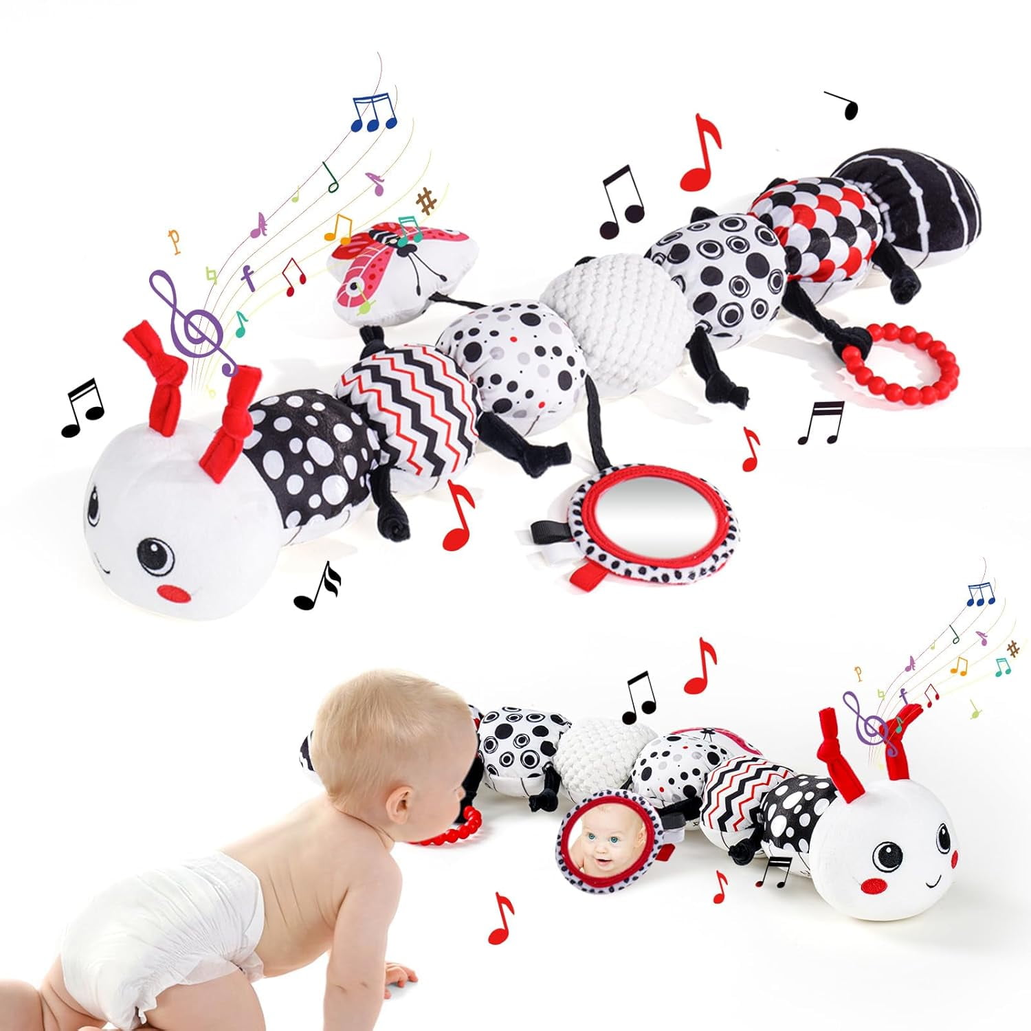 Musical Baby Growth Chart Plush Toy with Mirror, Rattle & Teether, Crawling Companion for 0-12 Months Infant Gift