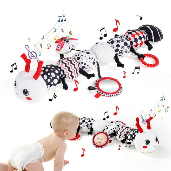 Musical Baby Growth Chart Plush Toy with Mirror, Rattle & Teether, Crawling Companion for 0-12 Months Infant Gift