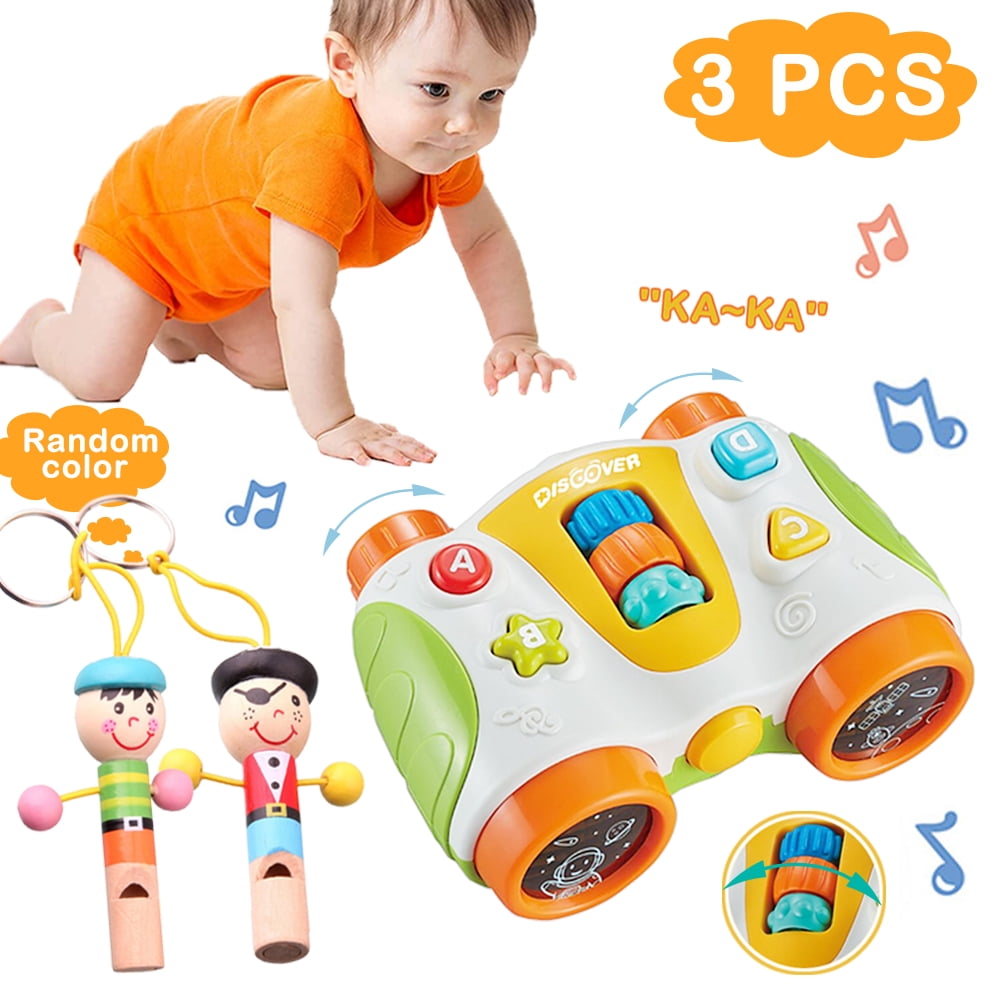 Musical Baby Toys 6 to 12 Months，Binoculars Toy Funny Game Props Educational Sound Toy,2pcs Cartoon Wooden Whistle Musical Instrument Toy Keychain Gift