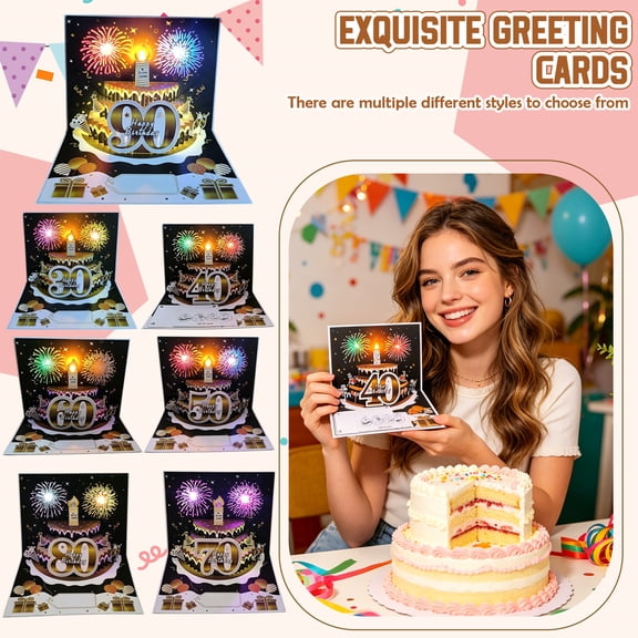 Musical Birthday Card 3D Number Cake Pop Up Design Singing Greeting Card with Light Sound for Mom Dad Friend Gift