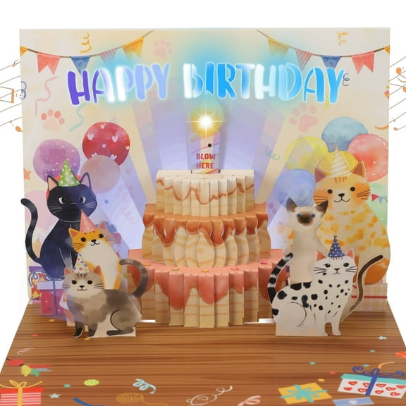 Musical Birthday Cards, Cat Pop Up Birthday Cards with Colourful Lights, DIY Number Age 3D Blowable Candle Greeting Card, Birthdays Gift for Kids, Man, Woman, Wife, Husband