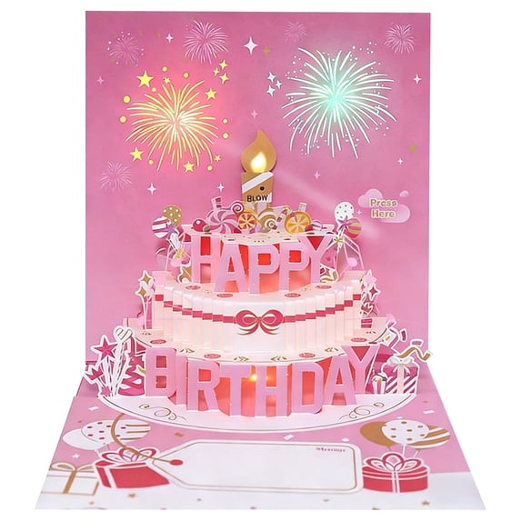 Musical Birthday Cards, Light and Music Happy Birthday Card with Blowable Birthday Cake, 3D Pop Up Birthday Gift Greeting Card for Women Men Kids Husband Wife Mom Dad Daughter Pink
