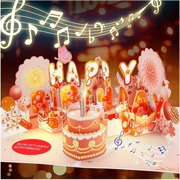 Musical Birthday Cards for Women: 3D Pop up Happy Birthday Card with Blowable Candle and Lights for Girls, DIY All Age Greeting Card Birthday Gifts for women