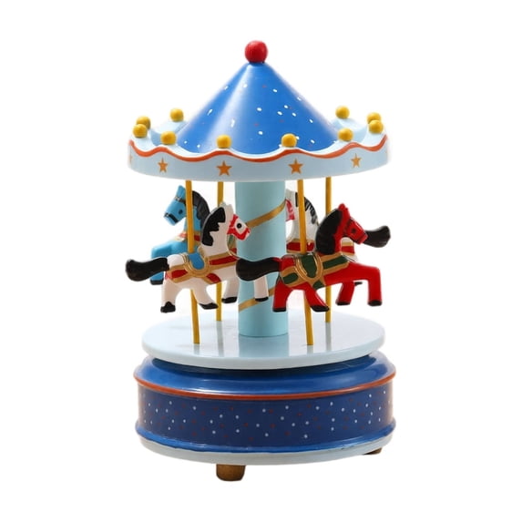 Musical Carousel Music Box with Blue Starry Canopy and Wooden Horses, 6 Inches, Blue, for Girls and Daughters, Tabletop Decoration and Cake Topper