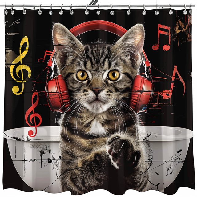 Musical Cat Graffiti Style Shower Curtain with Headphones and Musical