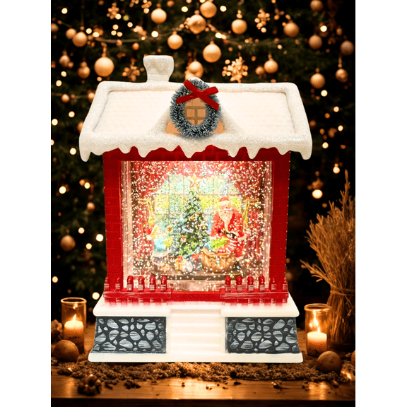 Musical Christmas House Snow Globe Lantern, Lighted Snowman Family Scene with Rotating Water Snow, USB Plug-In or Battery Operated, Holiday Home Decoration Gift-Tree