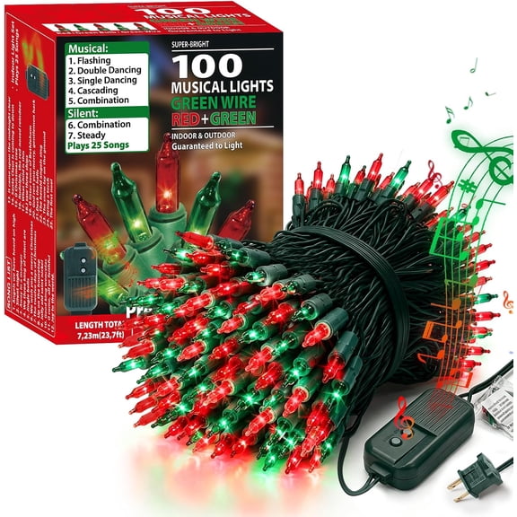 Musical Christmas Lights,100 Lights 23.7ft Plays 25 Classical Holiday Songs,UL Certified Mini Bulb String Lights for Outdoor Christmas Tree Garden Party Patio Garland Decor (Red+Green)