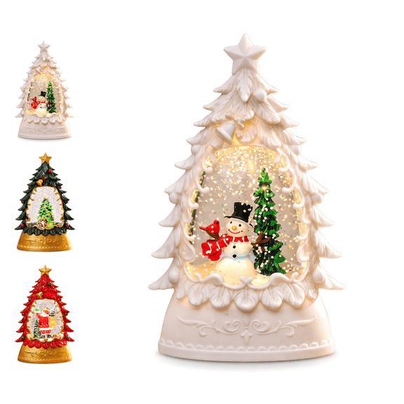 Musical Christmas Snow Globe Lantern, Light Up Christmas Tree Snow Globe Ornament Shatterproof Acrylic LED Snowglobe Santa Scene Winter Indoor Holiday Desktop Decor Gift White