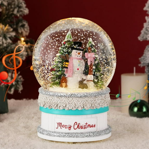 Musical Christmas Snow Globe, Lighted Cake Base and Snowman with Formal Hat, Swirling Glitters&8 Songs&Timer, Battery Operated Singing Snow Lantern for Home Decor Xmas Gift