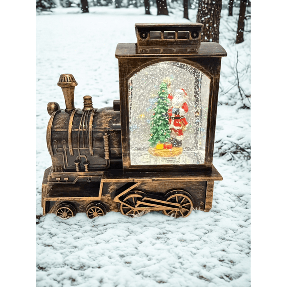 Musical Christmas Train Snow Globe Lantern, Lighted Santa & Christmas Tree Scene with Rotating Water Snow, USB Plug-In or Battery Operated Holiday Decoration Gift