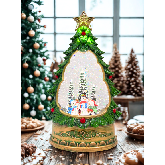 Musical Christmas Tree Snow Globe Lantern, Lighted Santa & Reindeer Scene, Rotating Water Snow, 5 Holiday Songs, USB Plug-In or Battery Operated Christmas Decoration-Snow