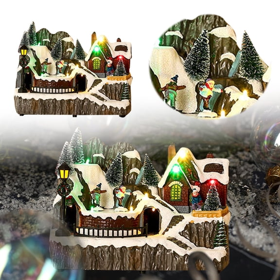 Musical Christmas Village Houses with LED Light and Rotating Train - Ornaments Centerpiece Decor with USB and Battery Power for Thanksgiving, Xmas, and Holiday Indoor Display