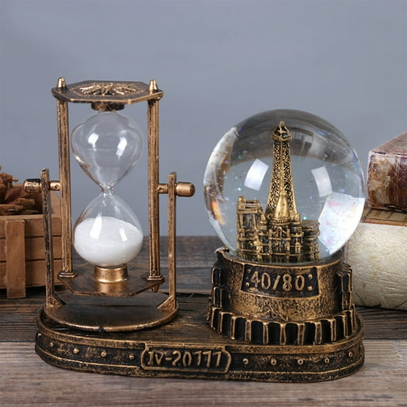 Musical Crystal Snow Globe Hourglass - Dual Function Christmas Decor with Gold Tower Base, Holiday Music & Falling Sand for Home Office Gift (8.07in)