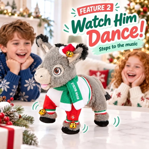 Musical Dominic the Donkey Christmas Plush, Battery-Operated Singing and Dancing Holiday Decoration, 11-Inch Tall
