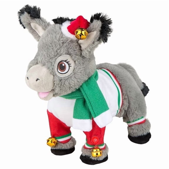 Musical Dominic the Donkey Christmas Plush Singing and Dancing Battery Operated Holiday Decoration with Festive Outfit for Table Shelf and Mantel