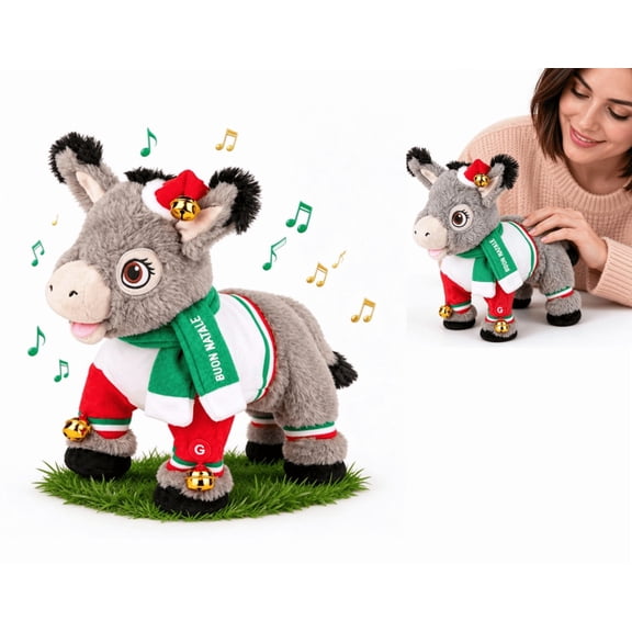 Musical Dominic the Donkey Christmas Plush, Singing and Dancing Battery-Operated Holiday Donkey Decoration, Holiday Amusing Interactive Plush