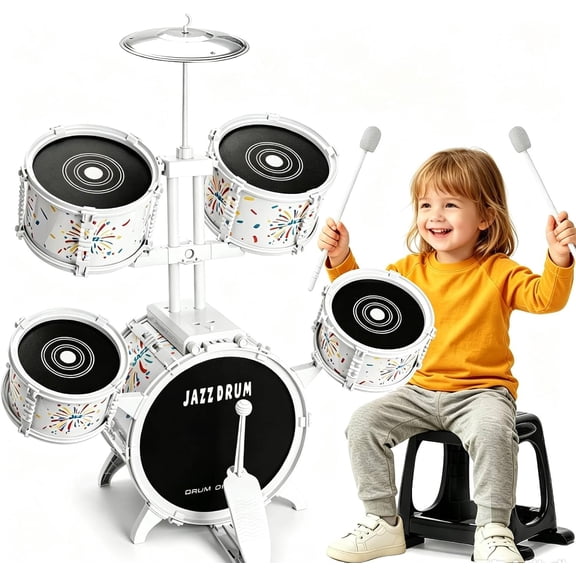 Musical Drum Set for Kids Ages 3-5, Fiireworks Pattern Musical Instrument Toys for Boys Girls 4-6 5-7 Christmas Birthday Gifts ( All Plastic)