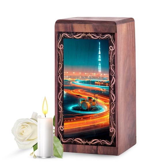 Musical Drum Theme Urns for Human Ashes - Wooden Cremation Urns for Human Ashes Adult Male - Women Urn with Drum Theme - Wood Funeral Urns for Men 11.25 Inch