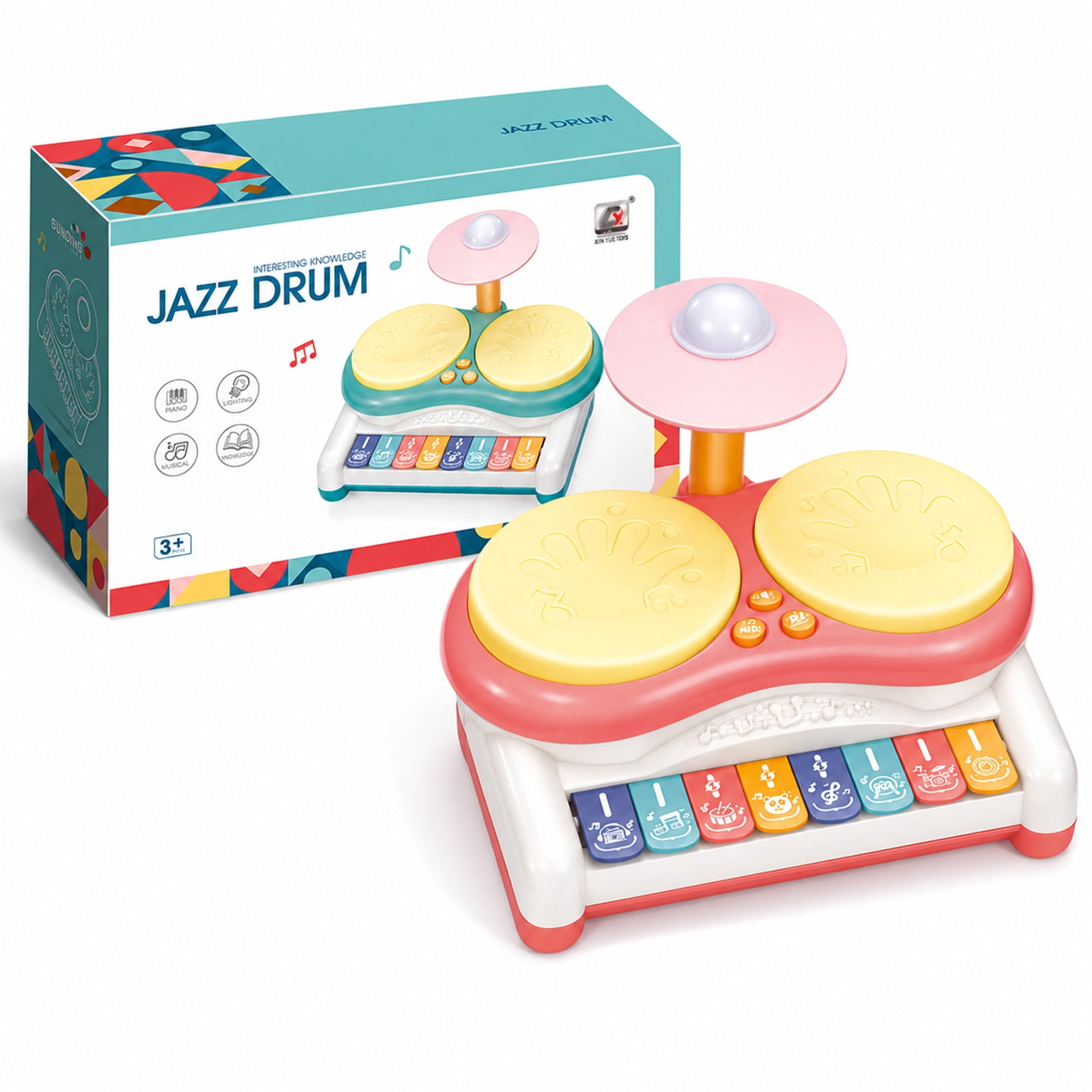 Musical Drum and Piano Toy for Toddlers, Light-Up Dual Drum Set with 8-Key Keyboard, Early Learning Rhythm Toy, Pink