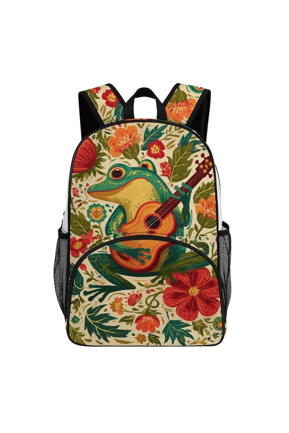 Musical Frog Floral Ukulele Art Big Student Laptop Backpack For College Women Middle High Teen Bookbag Travel Daypack