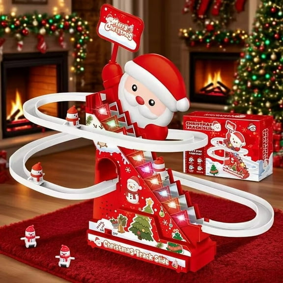 Musical Gingerbread Ski Slope, Christmas Tree Ski Slope, Electric Santa Slide Track Climbing Toy, Automatic Stairs LED Light Music Motion Playset ,Indoor Holiday Display