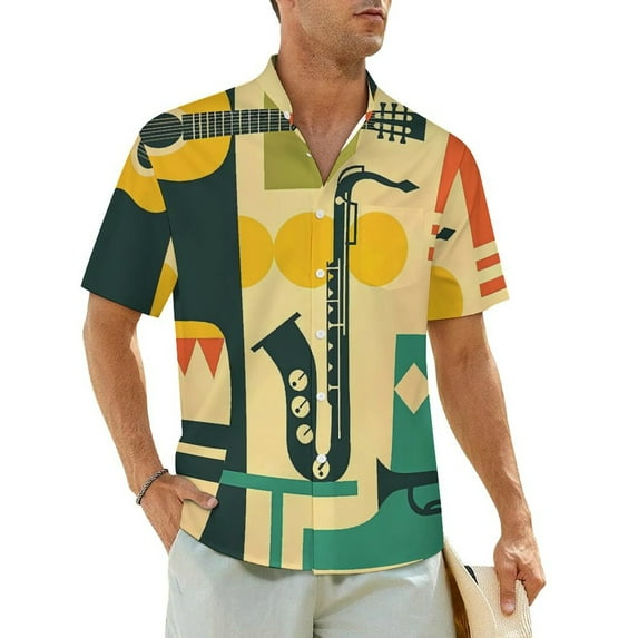 Musical Guitar Hawaiian Shirt For Men Vacation Jazz Music Casual Shirts Short-Sleeve Hara