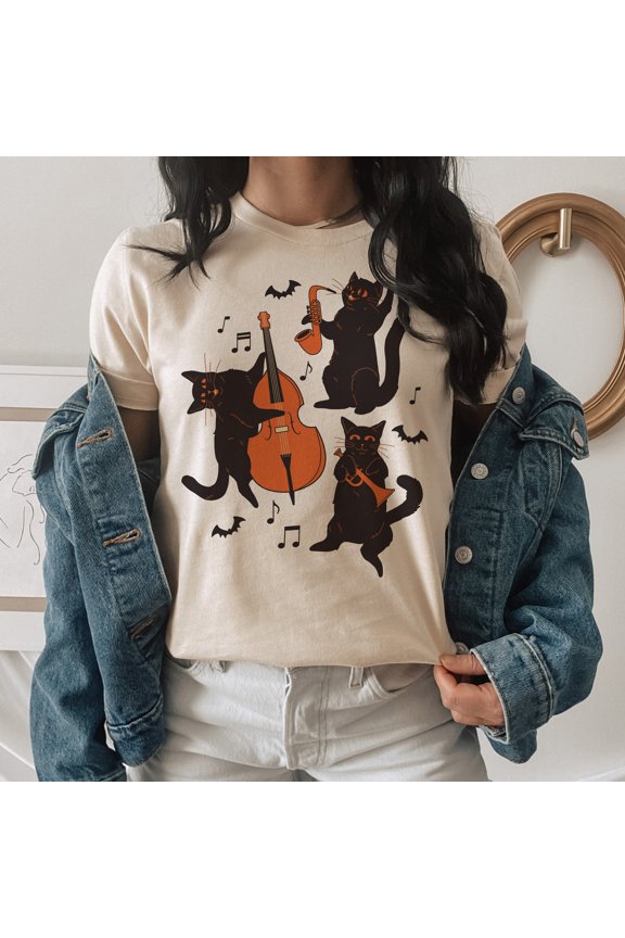 Musical Halloween Cats Unisex T-Shirt, Halloween Graphic Tee, Spooky Shirt, Festive Hallow