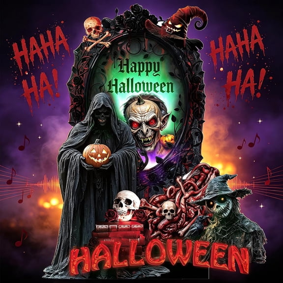 Pop Up Halloween Card, 3D Light Up Greeting Card with Horror Sound | Spooky Grim Reaper Skeleton, 3D Stand Up Halloween Decor Card, Scary Gothic Pumpkin Ornament Gift for Halloween Party