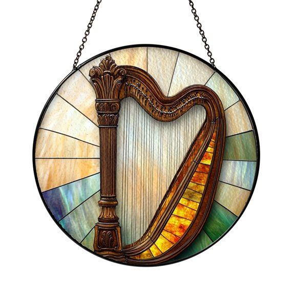 Musical Harp Round Suncatcher, Stained Glass Style Instrument Window Panel, Decor Gift for Music Fans