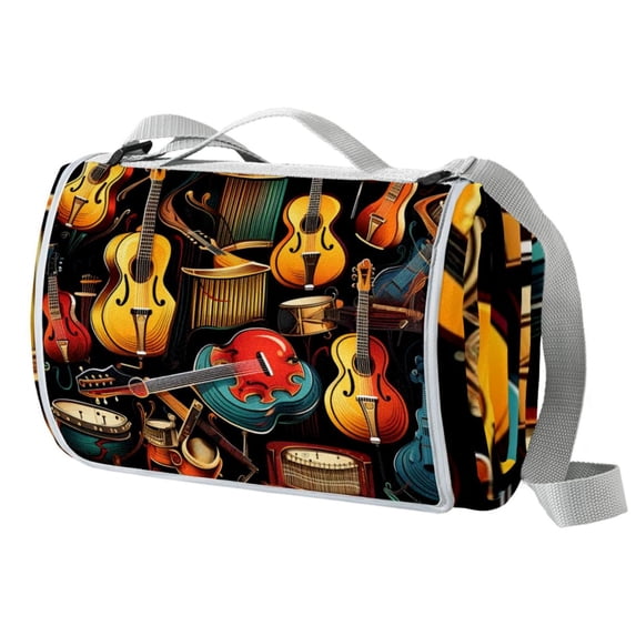 Musical Instrument Canvas Picnic Mat - Waterproof Outdoor Blanket for Picnics, Beach, Camping - Large Size, Portable and Durable Mat with Carry Strap and Corner Pockets for Stakes